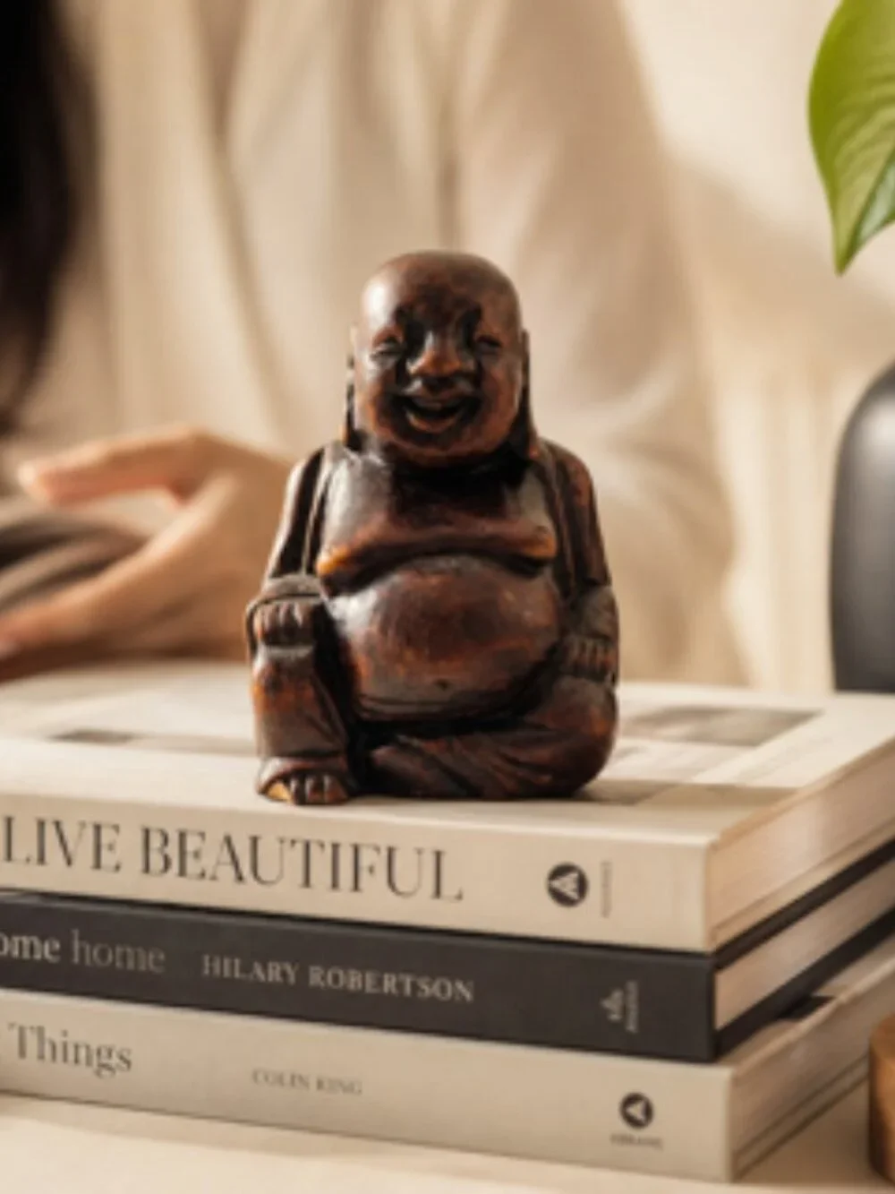 Vintage Laughing Buddha Statue Solid Wood 4” tall Hand carved